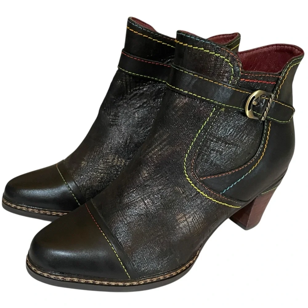 Women's L'Artiste Captivate - Black Leather Multi Color Stitching Size 7.5 EU 38